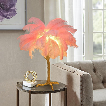 Pink Feather Bedside Lamp Romantic Ostrich Feather Table Lamp Fuzzy Princess Lamp with Gold Resin G4*3 Nordic Nightstand Light for Girl Bedroom Living Room Office Birthday Gift