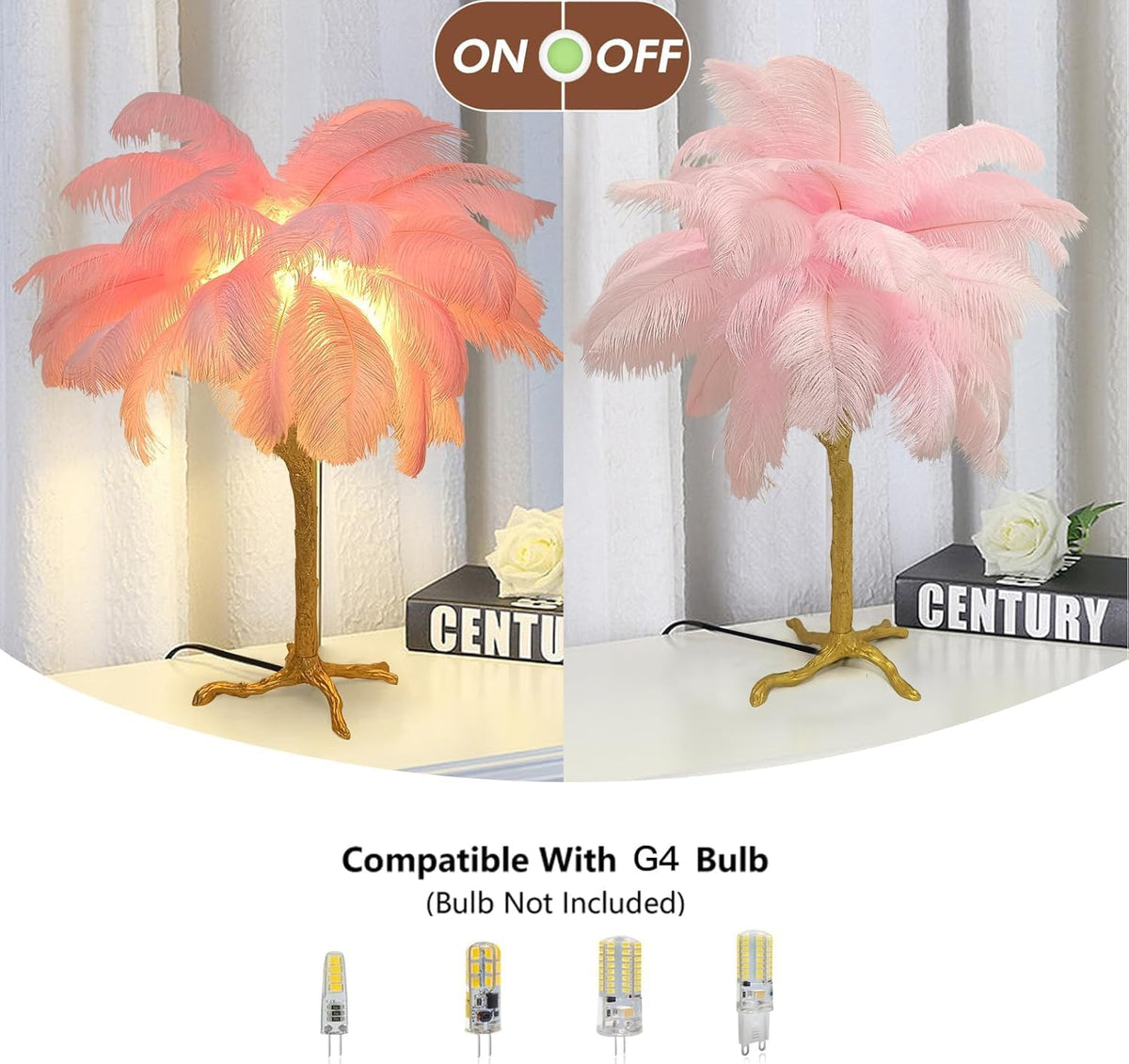 Pink Feather Bedside Lamp Romantic Ostrich Feather Table Lamp Fuzzy Princess Lamp with Gold Resin G4*3 Nordic Nightstand Light for Girl Bedroom Living Room Office Birthday Gift