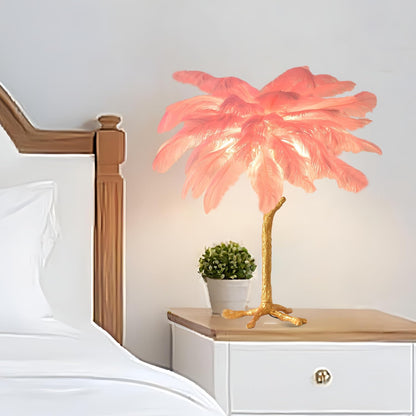 Pink Feather Bedside Lamp Romantic Ostrich Feather Table Lamp Fuzzy Princess Lamp with Gold Resin G4*3 Nordic Nightstand Light for Girl Bedroom Living Room Office Birthday Gift