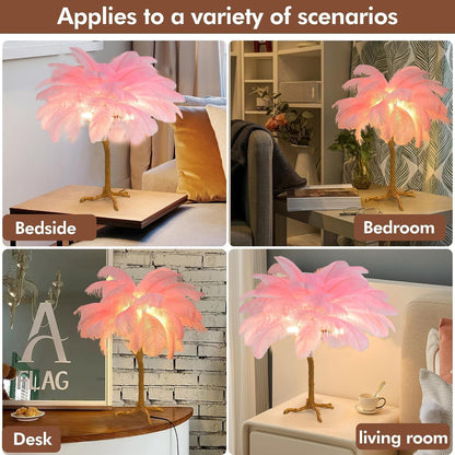 Pink Feather Bedside Lamp Romantic Ostrich Feather Table Lamp Fuzzy Princess Lamp with Gold Resin G4*3 Nordic Nightstand Light for Girl Bedroom Living Room Office Birthday Gift