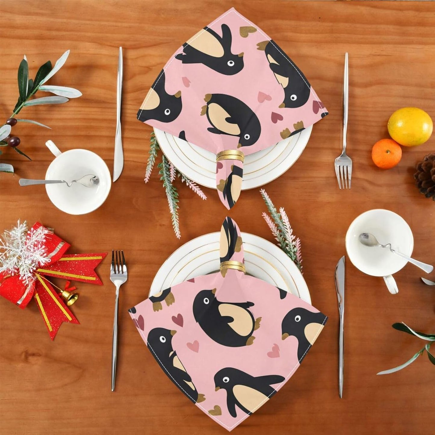 Dinner Napkins Cloth Rustic Penguin Peach Valentines Gold Bistro Kitchen Napkins Cloth Set of 6 20 x 20in