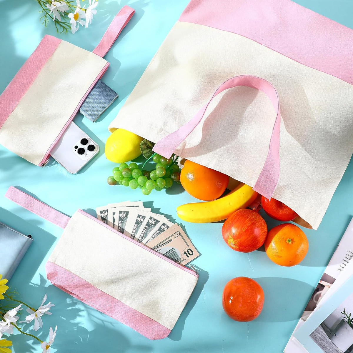 30 Pcs 18.5" Canvas Tote Bags Bulk with Makeup Bag, Pink