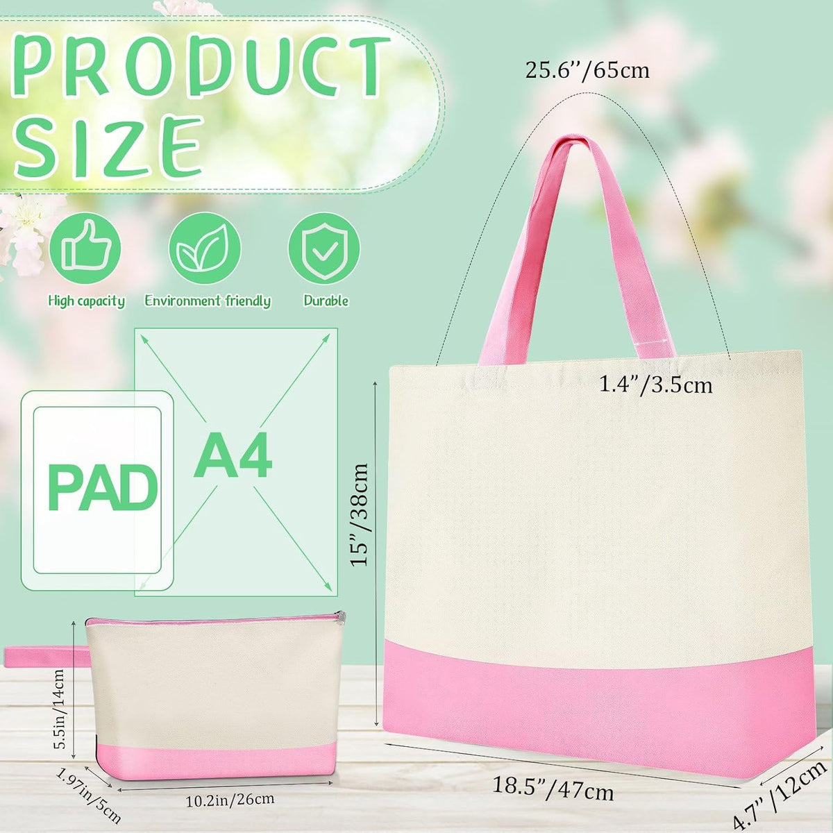 30 Pcs 18.5" Canvas Tote Bags Bulk with Makeup Bag, Pink