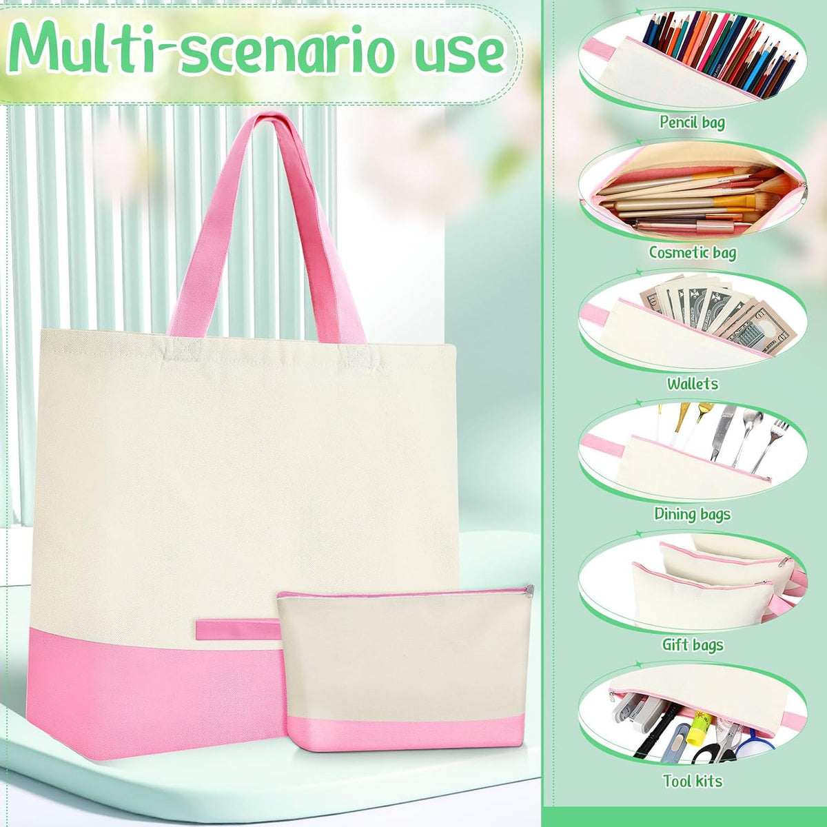 30 Pcs 18.5" Canvas Tote Bags Bulk with Makeup Bag, Pink