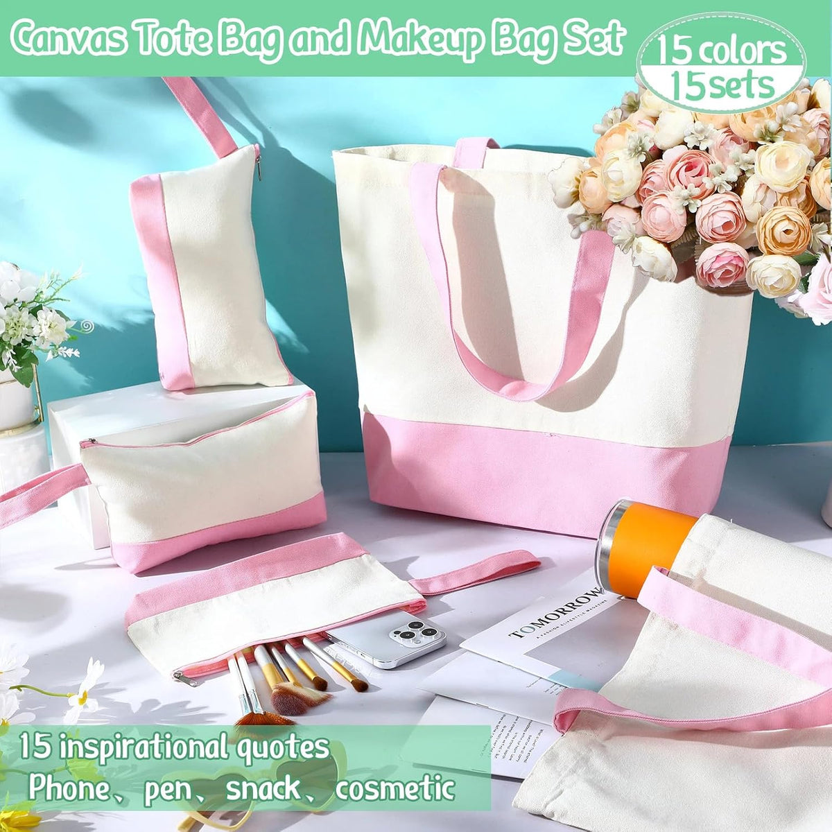 30 Pcs 18.5" Canvas Tote Bags Bulk with Makeup Bag, Pink