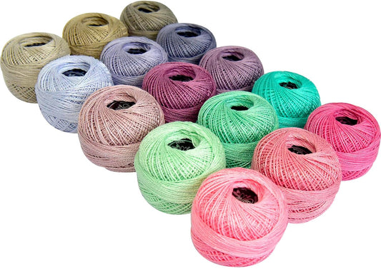 Soft 15 Colors Crochet Thread Double Mercerized Egyptian Long Staple Cotton Pearl Thread Ball 15Pack,100% Cotton (Pink-Mint Pastel)