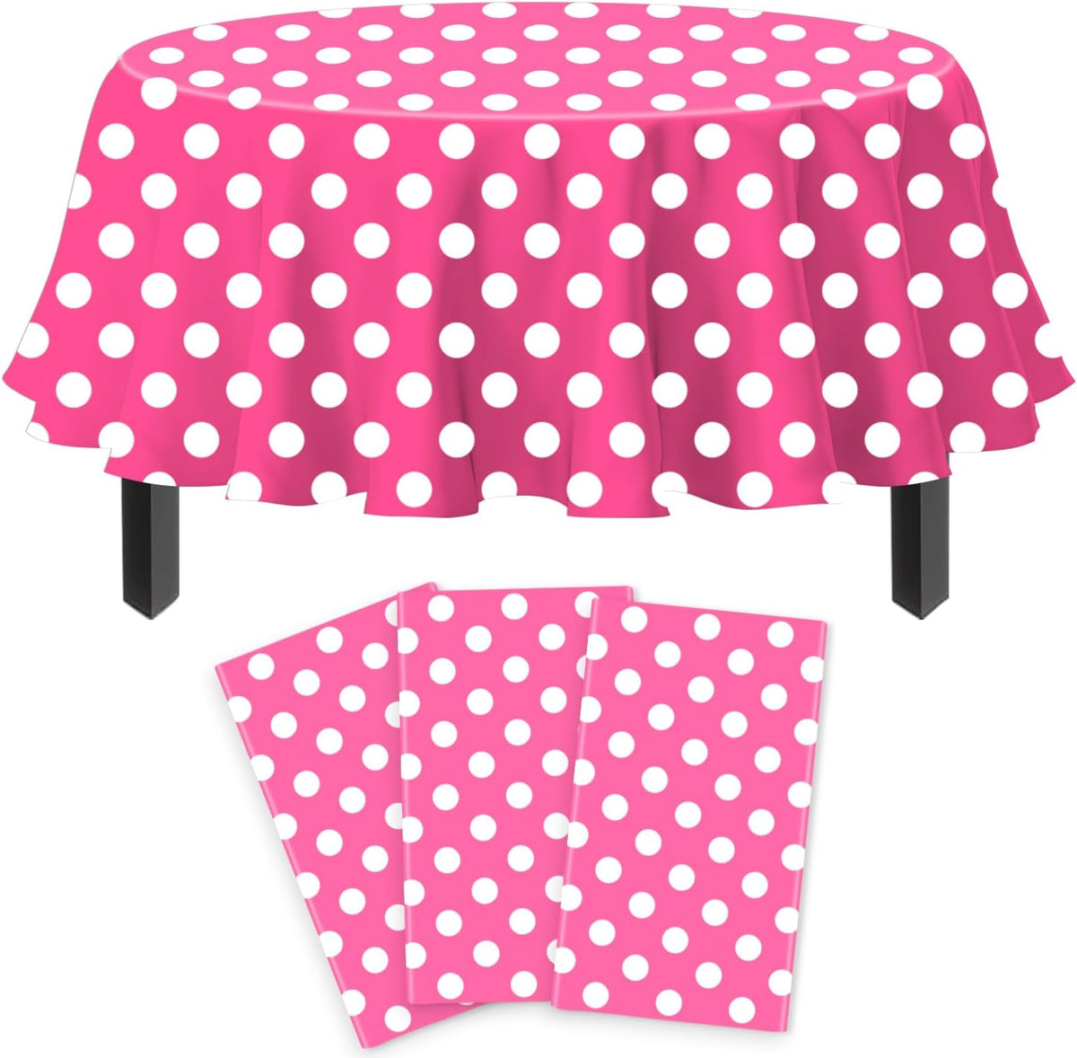 3 Pack Pink and White Polka Dots Round Tablecloth Pink Round Table Cover with White Polka Dot Plastic Table Cloth 84 in for Kitchen Dining Wedding Party