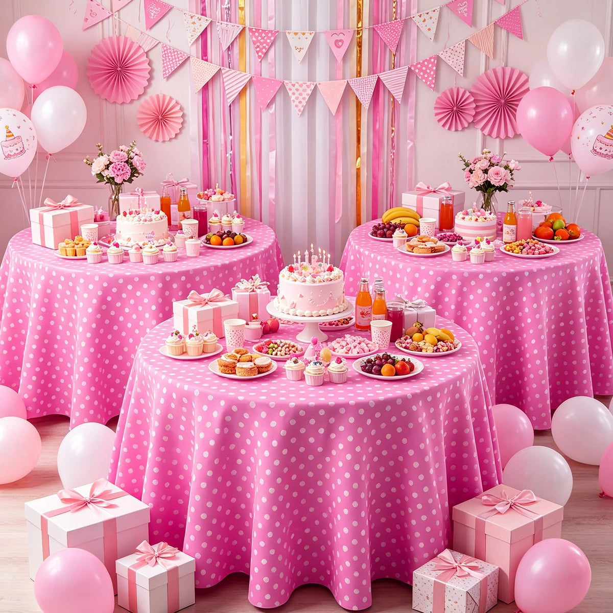 3 Pack Pink and White Polka Dots Round Tablecloth Pink Round Table Cover with White Polka Dot Plastic Table Cloth 84 in for Kitchen Dining Wedding Party