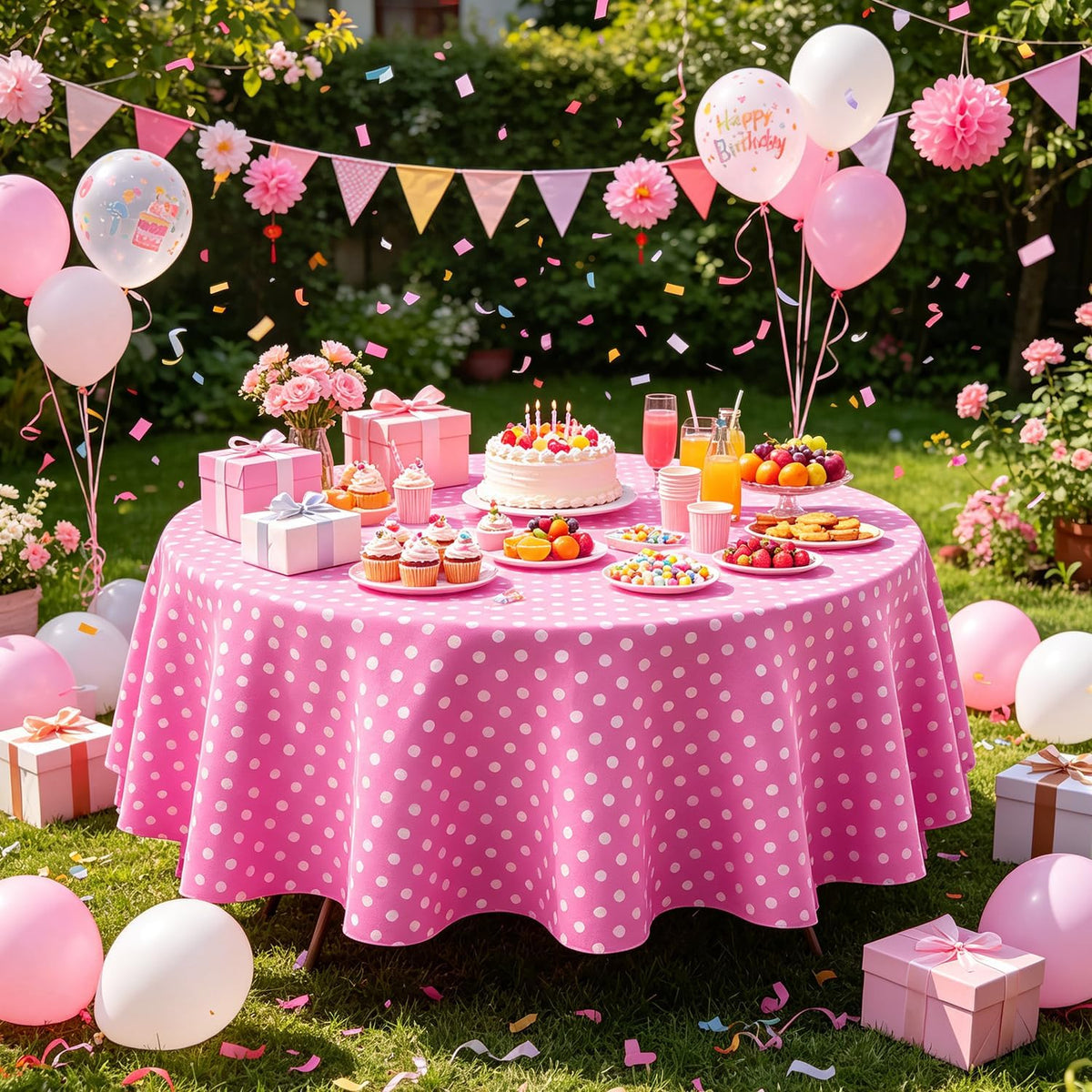 3 Pack Pink and White Polka Dots Round Tablecloth Pink Round Table Cover with White Polka Dot Plastic Table Cloth 84 in for Kitchen Dining Wedding Party