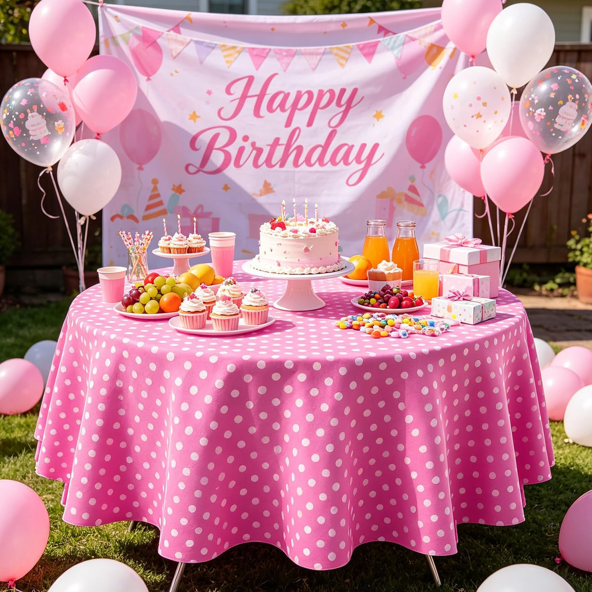 3 Pack Pink and White Polka Dots Round Tablecloth Pink Round Table Cover with White Polka Dot Plastic Table Cloth 84 in for Kitchen Dining Wedding Party