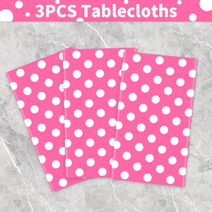 3 Pack Pink and White Polka Dots Round Tablecloth Pink Round Table Cover with White Polka Dot Plastic Table Cloth 84 in for Kitchen Dining Wedding Party