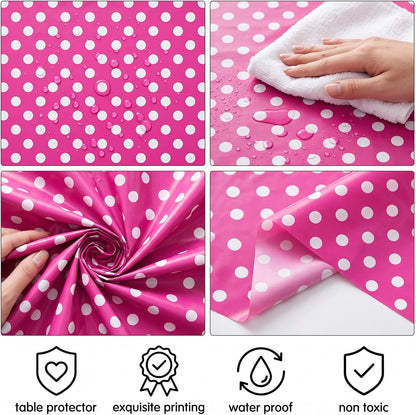 3 Pack Pink and White Polka Dots Round Tablecloth Pink Round Table Cover with White Polka Dot Plastic Table Cloth 84 in for Kitchen Dining Wedding Party
