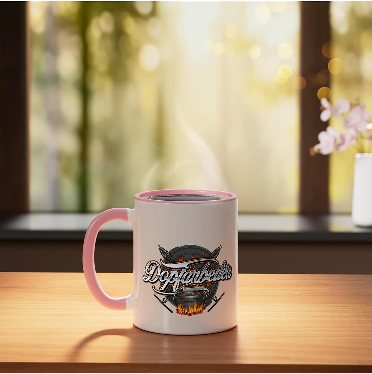 Dutch Oven Saying Dopfarbeiter Ceramic Mug, Pink/White
