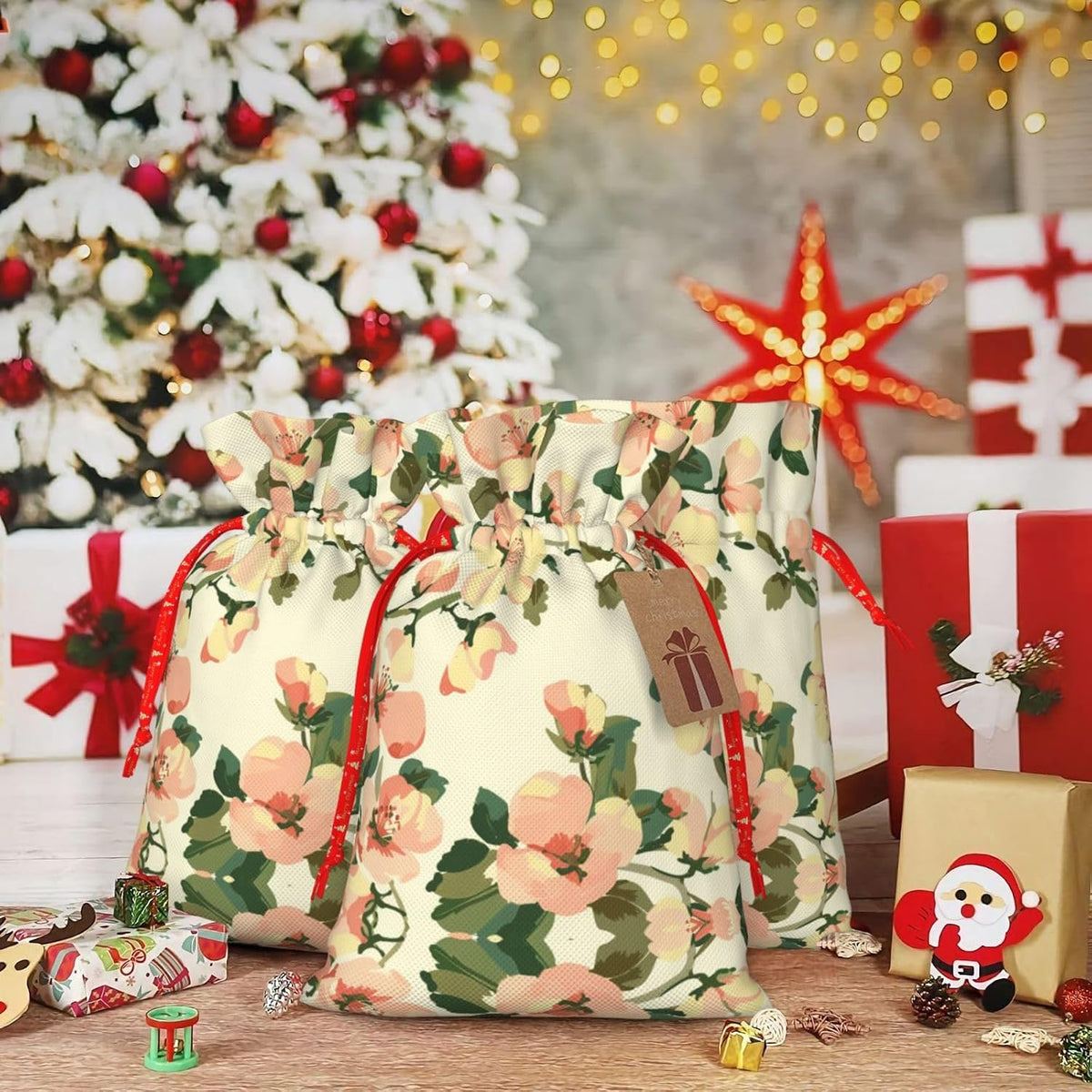 Airy Peach Cream Orchard Print Drawstring Gift Bags Various Sizes Perfect For Gifts Bulk Plastic Packaging Bags