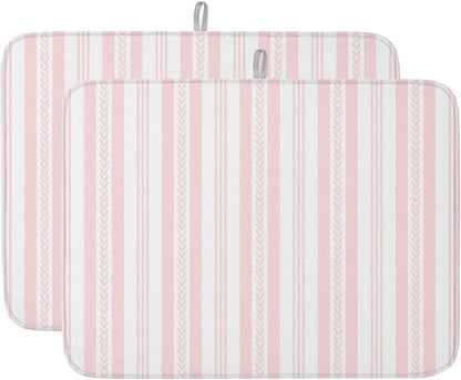 Pink Striped Dish Drying Mat 2 Pack, Rustic Country Stripes Farmhouse Modern Absorbent Heat Insulating Kitchen Drying Pad Drainer Mats for Sink Counter Pot Dishes 18 X 24 Inch