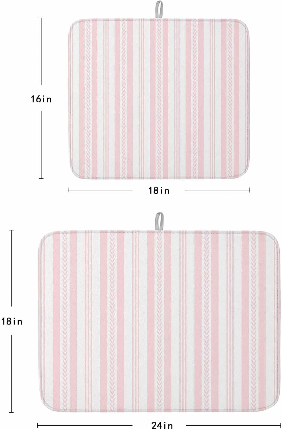 Pink Striped Dish Drying Mat 2 Pack, Rustic Country Stripes Farmhouse Modern Absorbent Heat Insulating Kitchen Drying Pad Drainer Mats for Sink Counter Pot Dishes 18 X 24 Inch