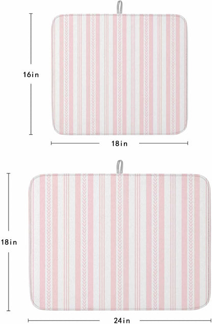 Pink Striped Dish Drying Mat 2 Pack, Rustic Country Stripes Farmhouse Modern Absorbent Heat Insulating Kitchen Drying Pad Drainer Mats for Sink Counter Pot Dishes 18 X 24 Inch