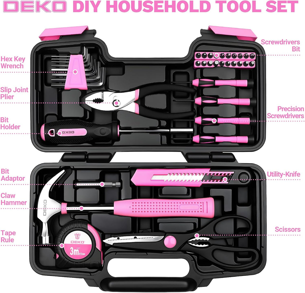 39-Piece Pink Household Tool Kit for Women, Basic Hand Tool Set with Plastic Toolbox Storage Case, Small Starter Tool Box Set for Home Repairs, DIY Projects, Crafts and Dorm Essentials