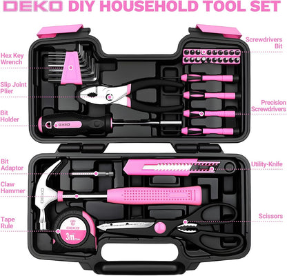 39-Piece Pink Household Tool Kit for Women, Basic Hand Tool Set with Plastic Toolbox Storage Case, Small Starter Tool Box Set for Home Repairs, DIY Projects, Crafts and Dorm Essentials