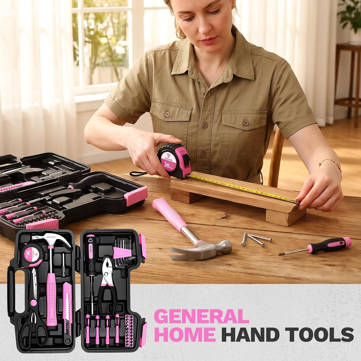39-Piece Pink Household Tool Kit for Women, Basic Hand Tool Set with Plastic Toolbox Storage Case, Small Starter Tool Box Set for Home Repairs, DIY Projects, Crafts and Dorm Essentials