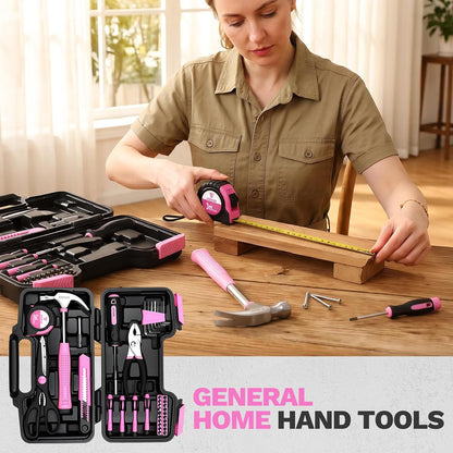 39-Piece Pink Household Tool Kit for Women, Basic Hand Tool Set with Plastic Toolbox Storage Case, Small Starter Tool Box Set for Home Repairs, DIY Projects, Crafts and Dorm Essentials