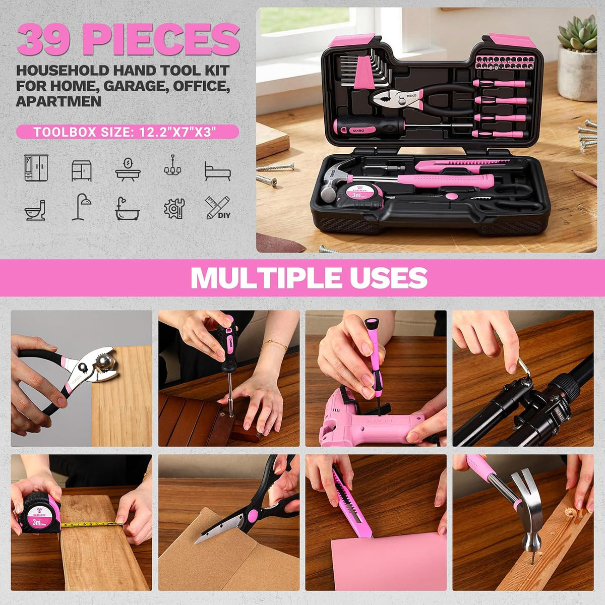 39-Piece Pink Household Tool Kit for Women, Basic Hand Tool Set with Plastic Toolbox Storage Case, Small Starter Tool Box Set for Home Repairs, DIY Projects, Crafts and Dorm Essentials