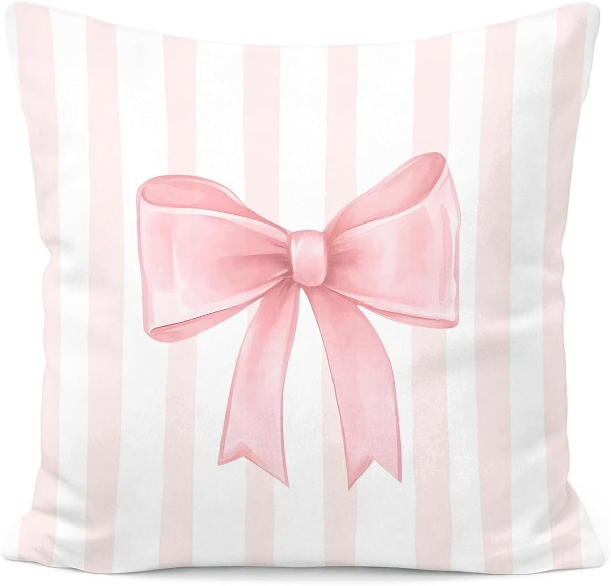 Pink Bow Decorative Throw Pillow 18x18 Inch – Cute Blush Pink Striped Pillow Cover for Girls Room, Baby Nursery, Sofa or Bedroom Decor