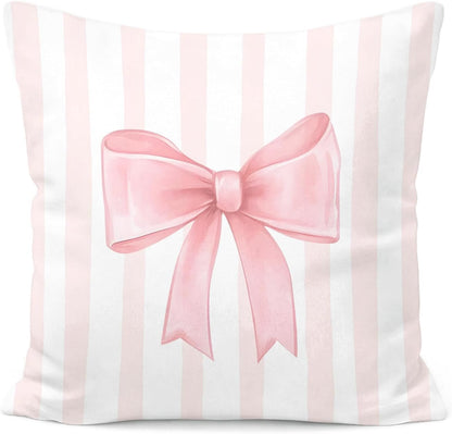 Pink Bow Decorative Throw Pillow 18x18 Inch – Cute Blush Pink Striped Pillow Cover for Girls Room, Baby Nursery, Sofa or Bedroom Decor