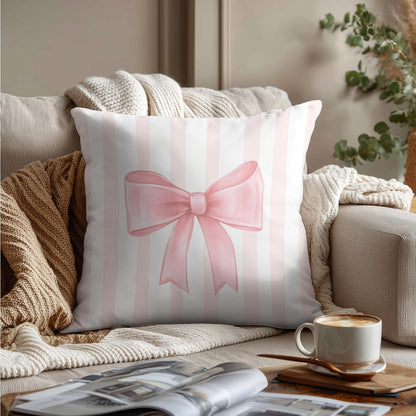 Pink Bow Decorative Throw Pillow 18x18 Inch – Cute Blush Pink Striped Pillow Cover for Girls Room, Baby Nursery, Sofa or Bedroom Decor