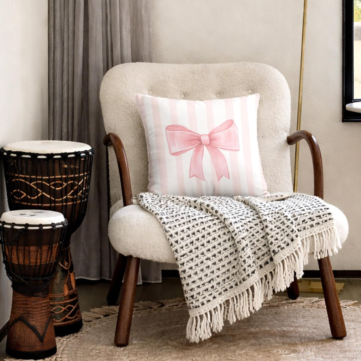 Pink Bow Decorative Throw Pillow 18x18 Inch – Cute Blush Pink Striped Pillow Cover for Girls Room, Baby Nursery, Sofa or Bedroom Decor