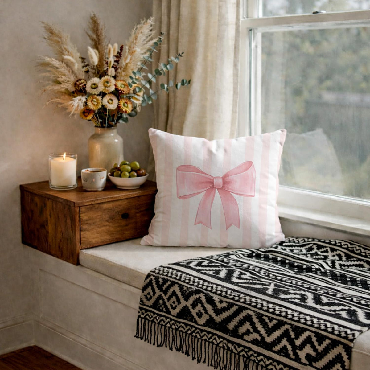 Pink Bow Decorative Throw Pillow 18x18 Inch – Cute Blush Pink Striped Pillow Cover for Girls Room, Baby Nursery, Sofa or Bedroom Decor