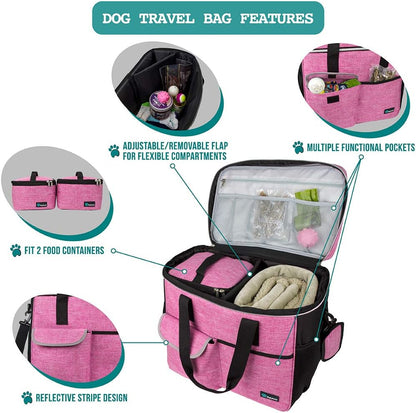 Dog Travel Bag Organizer, Pet Supplies Tote Diaper Bag, Pink Large