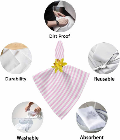 Pink White Stripe Cloth Napkins Set of 4, Holiday Napkins for Baby Shower, Modern Minimalist Geometric Striped Washable Reusable Dinner Napkin for Cocktail Wedding Party, 20 x 20 Inch