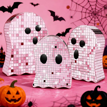 3 Pcs Halloween Disco Ghost Decor,5.9" 7" 8.2" Ghost Mirror Disco Ball Indoor Glitter Spooky Ghost Sign Halloween Tiered Tray Decor Mosaic Table Centerpiece for Party Gift (Pink)