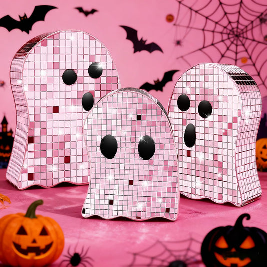 3 Pcs Halloween Disco Ghost Decor,5.9" 7" 8.2" Ghost Mirror Disco Ball Indoor Glitter Spooky Ghost Sign Halloween Tiered Tray Decor Mosaic Table Centerpiece for Party Gift (Pink)