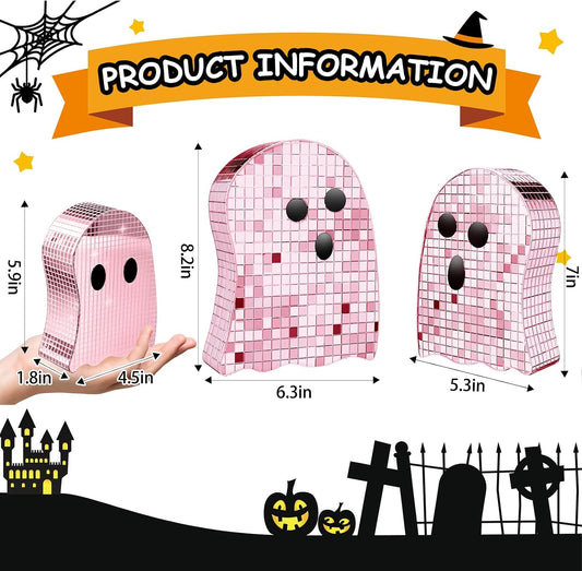 3 Pcs Halloween Disco Ghost Decor,5.9" 7" 8.2" Ghost Mirror Disco Ball Indoor Glitter Spooky Ghost Sign Halloween Tiered Tray Decor Mosaic Table Centerpiece for Party Gift (Pink)