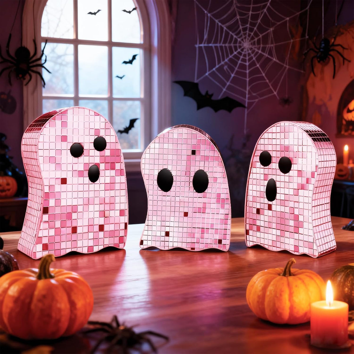 3 Pcs Halloween Disco Ghost Decor,5.9" 7" 8.2" Ghost Mirror Disco Ball Indoor Glitter Spooky Ghost Sign Halloween Tiered Tray Decor Mosaic Table Centerpiece for Party Gift (Pink)