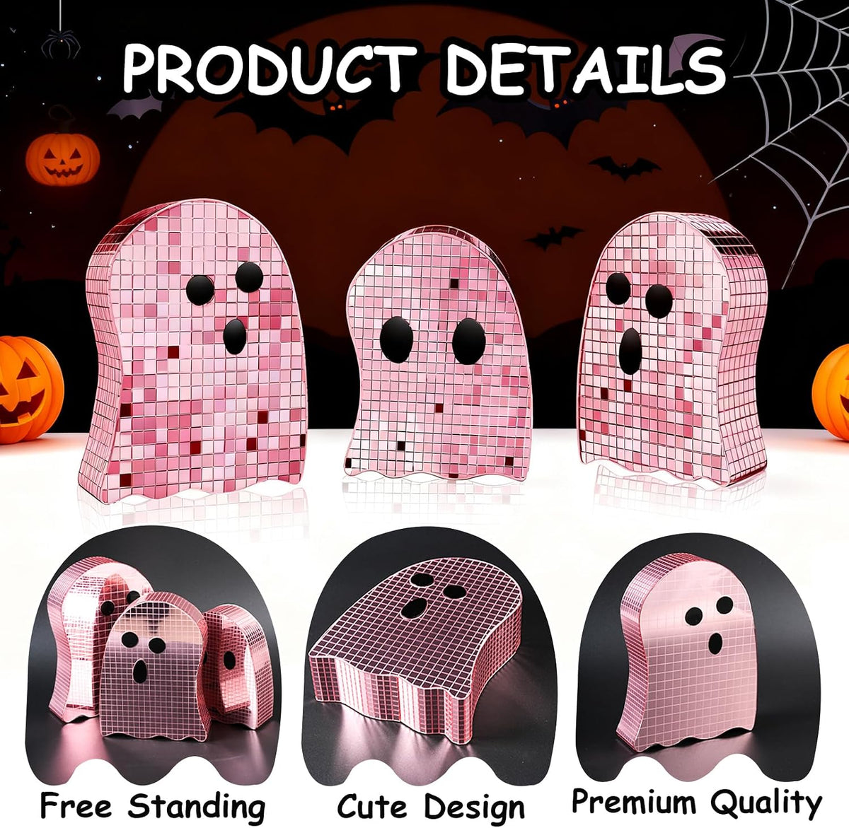 3 Pcs Halloween Disco Ghost Decor,5.9" 7" 8.2" Ghost Mirror Disco Ball Indoor Glitter Spooky Ghost Sign Halloween Tiered Tray Decor Mosaic Table Centerpiece for Party Gift (Pink)