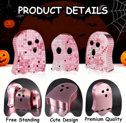 3 Pcs Halloween Disco Ghost Decor,5.9" 7" 8.2" Ghost Mirror Disco Ball Indoor Glitter Spooky Ghost Sign Halloween Tiered Tray Decor Mosaic Table Centerpiece for Party Gift (Pink)