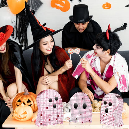 3 Pcs Halloween Disco Ghost Decor,5.9" 7" 8.2" Ghost Mirror Disco Ball Indoor Glitter Spooky Ghost Sign Halloween Tiered Tray Decor Mosaic Table Centerpiece for Party Gift (Pink)