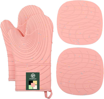 4 Pieces Oven Mitts of Macaron Color Thickened Non-Slip Silicone Kitchen Gloves, Heat Resistant up to 750F, Essential for Kitchen Baking (Pink)