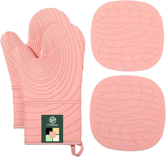 4 Pieces Oven Mitts of Macaron Color Thickened Non-Slip Silicone Kitchen Gloves, Heat Resistant up to 750F, Essential for Kitchen Baking (Pink)