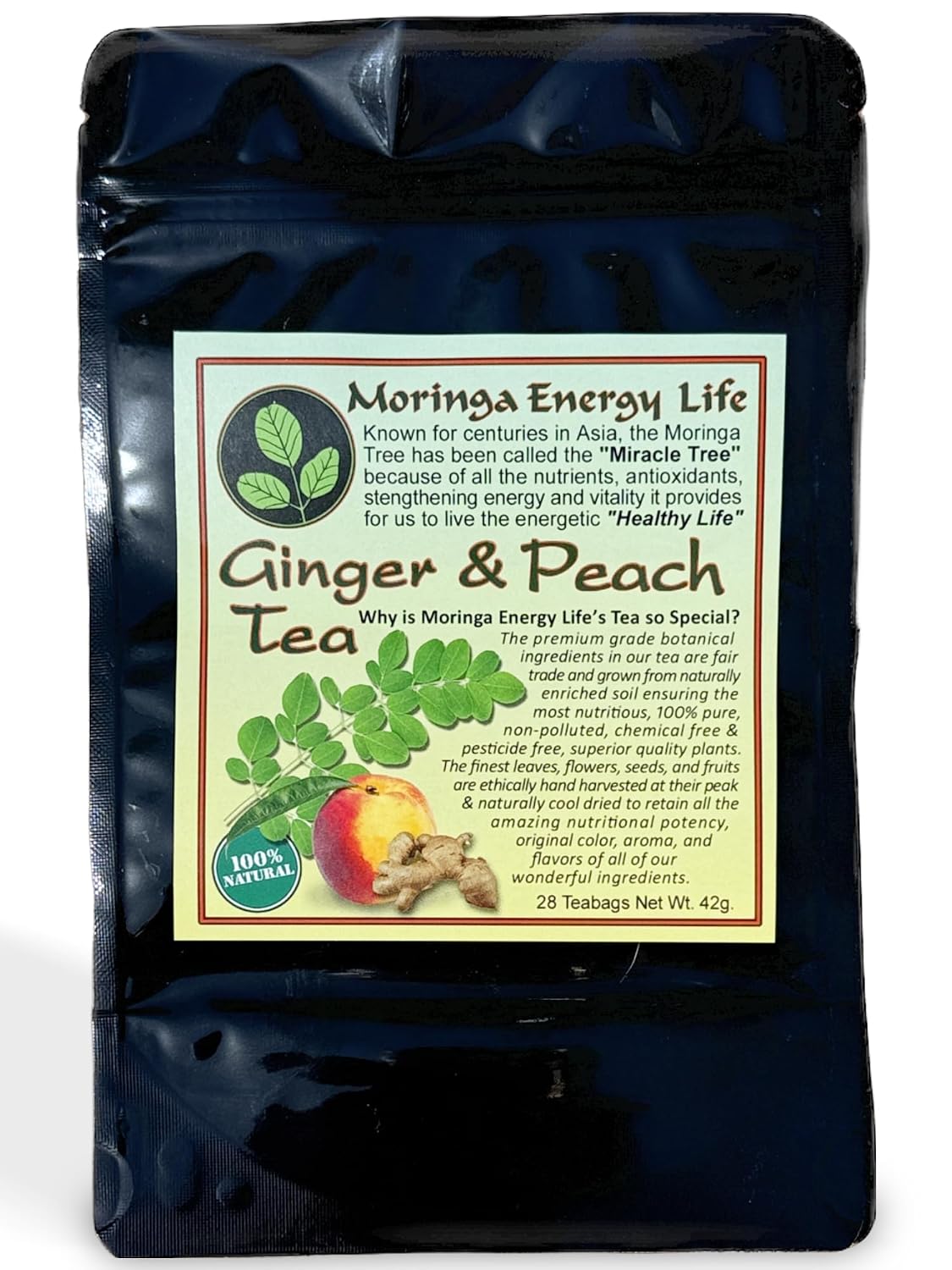 Moringa Peach Ginger Tea 28 tea bags (Keto, Detox, Paleo, Vitamin & Minerals, Vegan, Gluten-Free, Non-GMO, Herbal, Caffeine-Free)