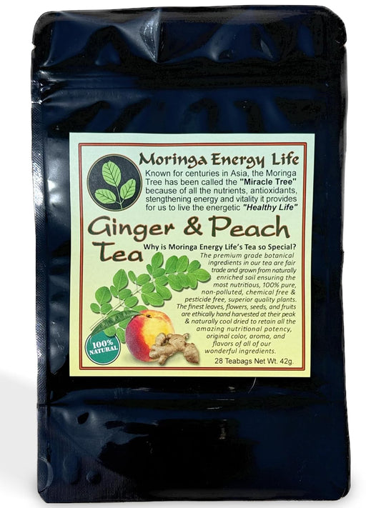 Moringa Peach Ginger Tea 28 tea bags (Keto, Detox, Paleo, Vitamin & Minerals, Vegan, Gluten-Free, Non-GMO, Herbal, Caffeine-Free)