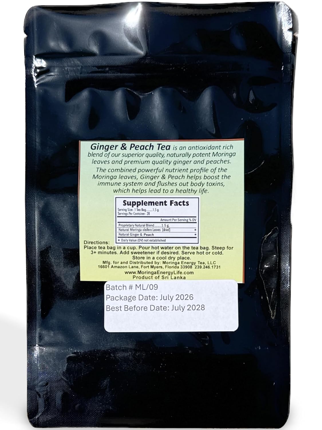 Moringa Peach Ginger Tea 28 tea bags (Keto, Detox, Paleo, Vitamin & Minerals, Vegan, Gluten-Free, Non-GMO, Herbal, Caffeine-Free)