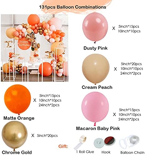 Dusty Pink and Orange Balloons, 131 pcs Matte Balloons, Pack of Cream Peach Balloon, Blush Balloons, Macaron Pink Balloons, Orange Balloons and Chrome Gold Balloons for Girls Birthday