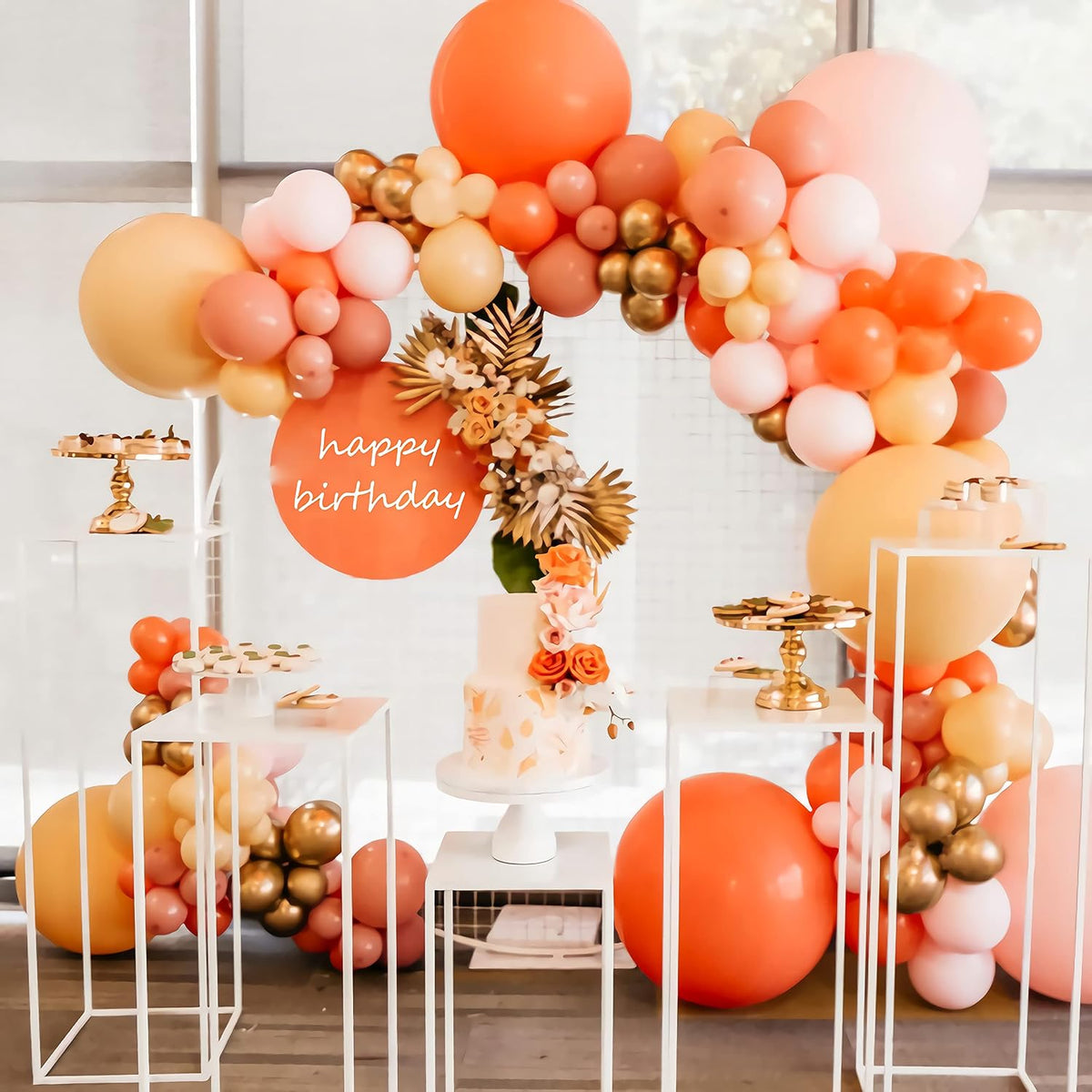 Dusty Pink and Orange Balloons, 131 pcs Matte Balloons, Pack of Cream Peach Balloon, Blush Balloons, Macaron Pink Balloons, Orange Balloons and Chrome Gold Balloons for Girls Birthday
