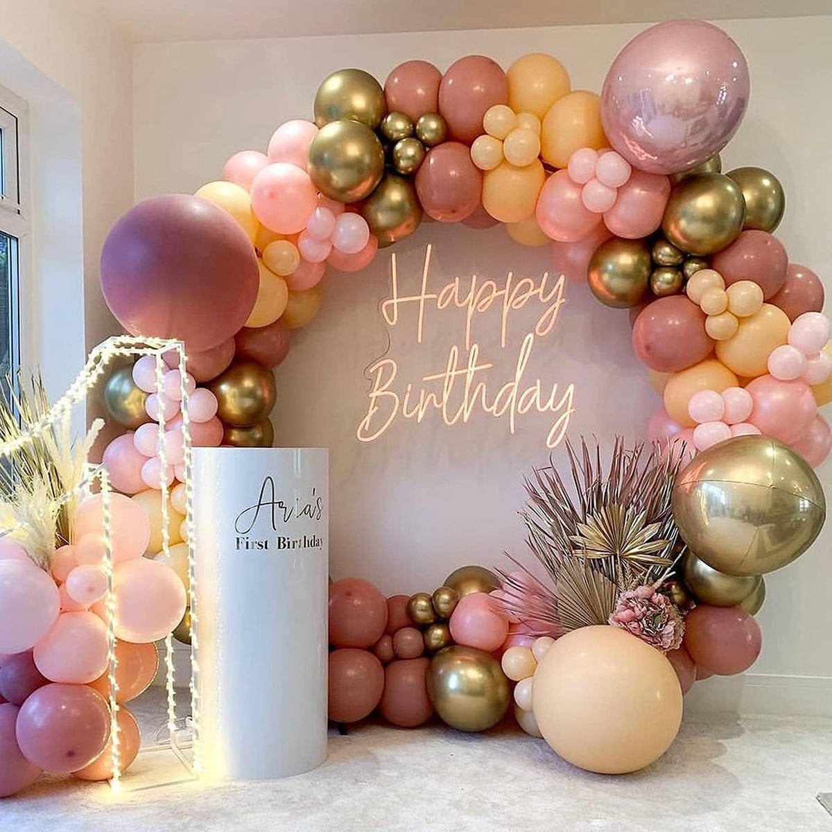 Dusty Pink and Orange Balloons, 131 pcs Matte Balloons, Pack of Cream Peach Balloon, Blush Balloons, Macaron Pink Balloons, Orange Balloons and Chrome Gold Balloons for Girls Birthday
