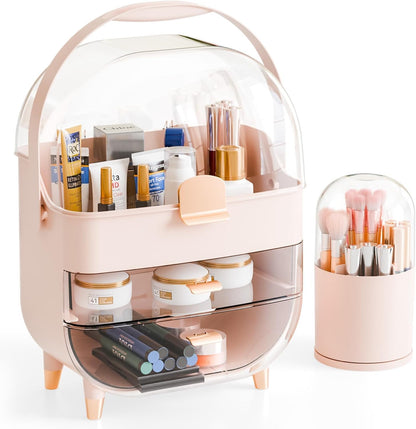 Countertop Makeup Organizer for Vanity,Large Capacity Skincare Organizers With Drawers and Makeup Brush Holder,Cosmetic Display Cases with Clear Cover for Bathroom,Dresser,Beauty Product,Pink