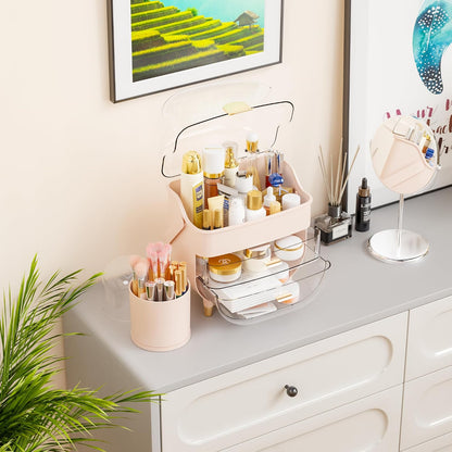 Countertop Makeup Organizer for Vanity,Large Capacity Skincare Organizers With Drawers and Makeup Brush Holder,Cosmetic Display Cases with Clear Cover for Bathroom,Dresser,Beauty Product,Pink